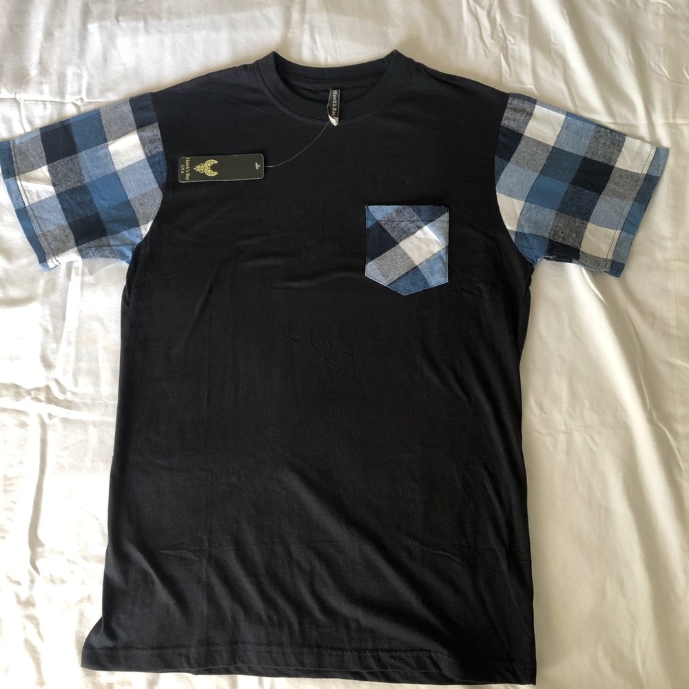 Hawk’s Bay Black and Blue Plaid Sleeves and Pocket T-Shirt
